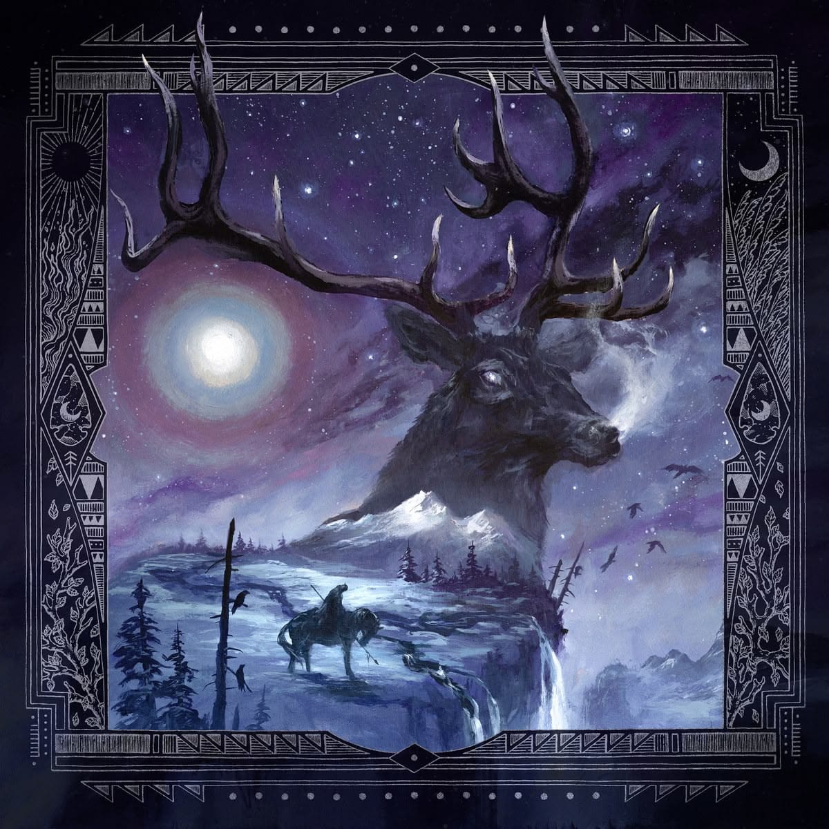 Album cover for “Blackbraid III” by Blackbraid. A dark, atmospheric painting of a cloaked figure standing in a misty forest, facing a glowing fire. The style is dramatic and moody, evoking themes of nature and ritual.